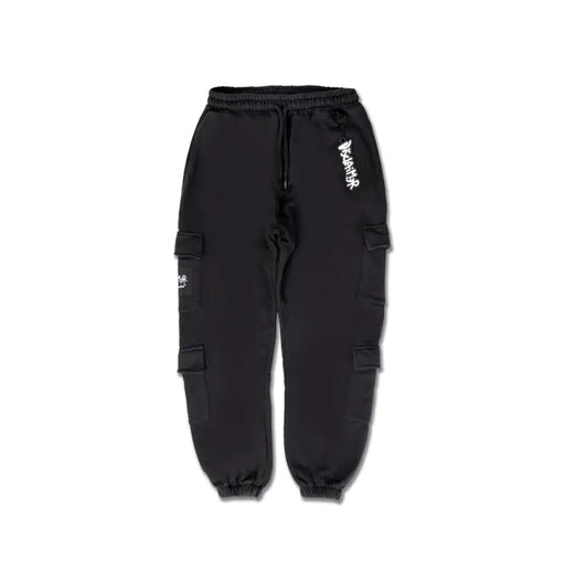 Men’s black cotton cargo pants with laces and multiple pockets featuring white graffiti-style lettering on the thigh
