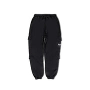 Men’s black cotton cargo pants with elastic waistband drawstring and multiple side pockets for functional wear