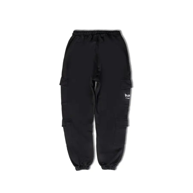 Men’s black cotton cargo pants with elastic waistband drawstring and multiple side pockets for functional wear