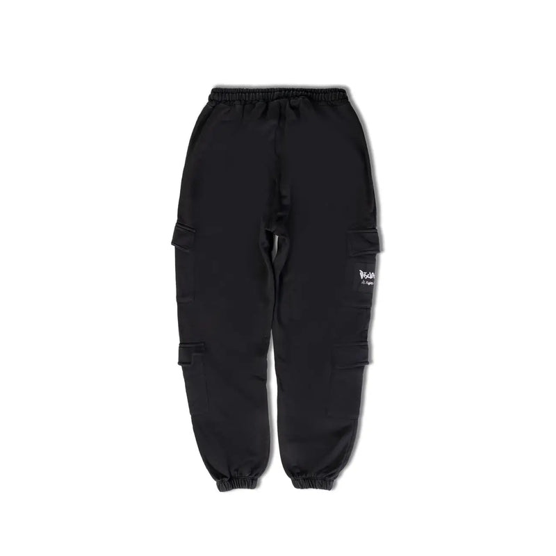 Men’s black cotton cargo pants with elastic waistband drawstring and multiple side pockets for functional wear