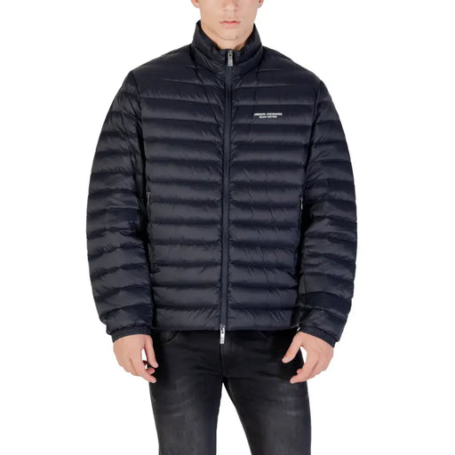 Men’s black quilted puffer jacket with high collar front zipper and Armani Exchange logo on left chest