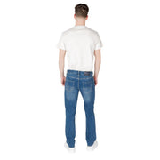 Men’s blue denim jeans by Armani Exchange with a classic straight-leg cut and subtle fading detail