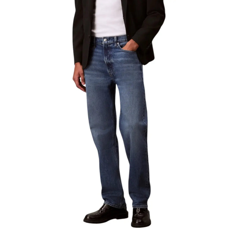 Men’s blue jeans in classic straight-leg denim with medium-wash blue color and subtle fading for a worn-in look
