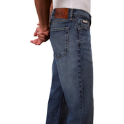 Men’s blue jeans showing the back side with dark blue denim and a brown leather brand patch on the waistband