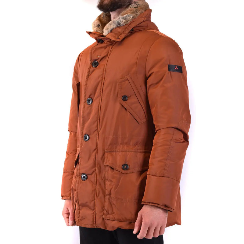 Mens brown fur trimmed hooded parka with rust-colored quilted fabric and fur-lined hood with black buttons