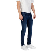 Mens dark blue slim fit denim jeans with a classic five-pocket design and subtle fading along the thighs