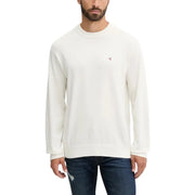 White calvin klein long-sleeve crewneck sweater with small logo on chest.