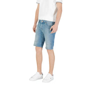Men’s light blue denim shorts with a classic five-pocket design and subtle distressing details in light wash