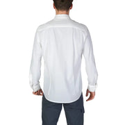 Men’s white long-sleeved dress shirt displayed in Mens Long White Plain Button Shirt Fall Winter