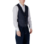 Men’s navy wool vest with dark navy color, brown wooden buttons, and two front pockets for stylish layering