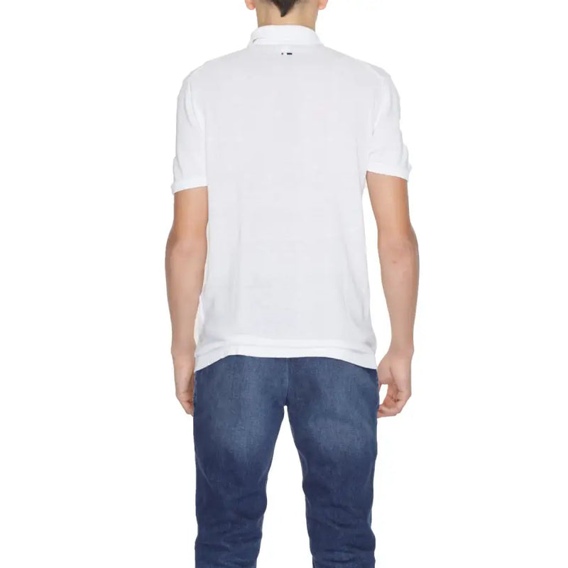 Men’s white polo shirt back view with short sleeves classic collar and subtle brand logo at the neck