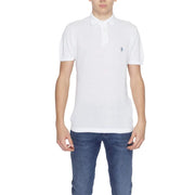 Men’s white short-sleeved polo shirt with subtle embroidered logo on left chest for casual and smart wear