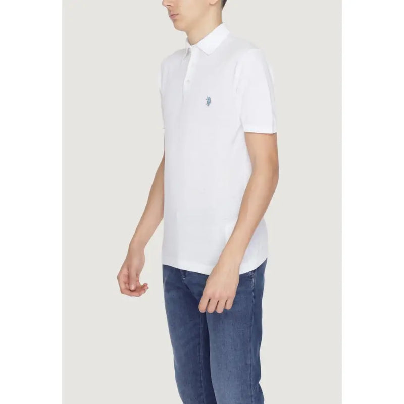 Men’s white short-sleeved polo shirt with subtle embroidered logo on left chest in breathable cotton material
