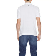 Men’s white polo shirt back view with short sleeves classic collar and subtle brand logo at the neck