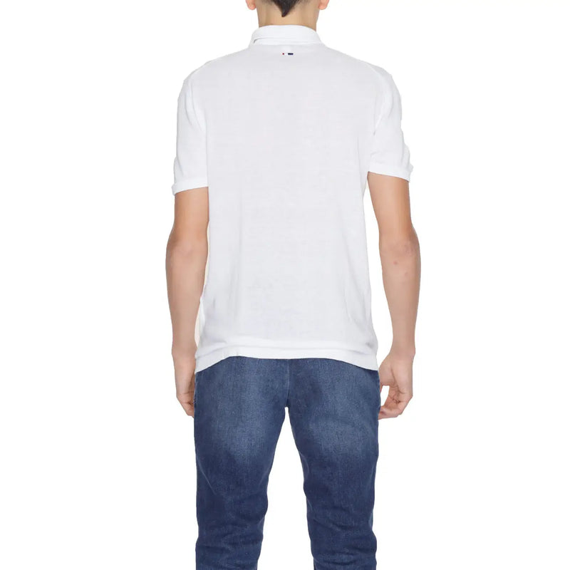 Men’s white polo shirt back view with short sleeves classic collar and subtle brand logo at the neck