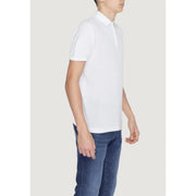 Men’s white polo shirt with short sleeves, classic collar, and neat stitching in breathable cotton material
