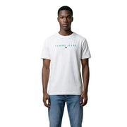 T-shirt à manches courtes Tommy Jeans blanc pour homme, avec logo turquoise et emblème drapeau sur le devant, en coton.