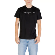 T-shirt noir Tommy Jeans pour homme, avec logo blanc et petit drapeau imprimé sur la poitrine