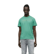 T-shirt à manches courtes Tommy Jeans blanc pour homme, orné d'un logo doré discret sur la poitrine et d'un liseré turquoise.