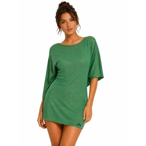 Met women green viscose knitwear short round neck mini dress with loose three-quarter sleeves and relaxed fit