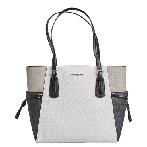 Michael kors black slip on tote bag with white and gray monogram pattern black leather trim and side pockets with drawstrings