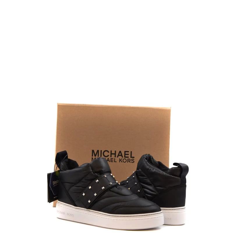 Michael Kors women black nylon high-top sneakers with leather trim quilted texture and silver-tone studded strap