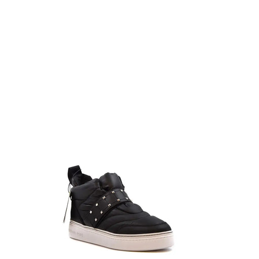 Baskets Michael Kors pour femme, en nylon matelassé noir, avec finitions en cuir, clous argentés et semelle en caoutchouc blanc.