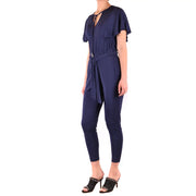 Combinaison Michael Kors bleu marine en satin pour femme, avec manches courtes à volants et ceinture à nouer en viscose.