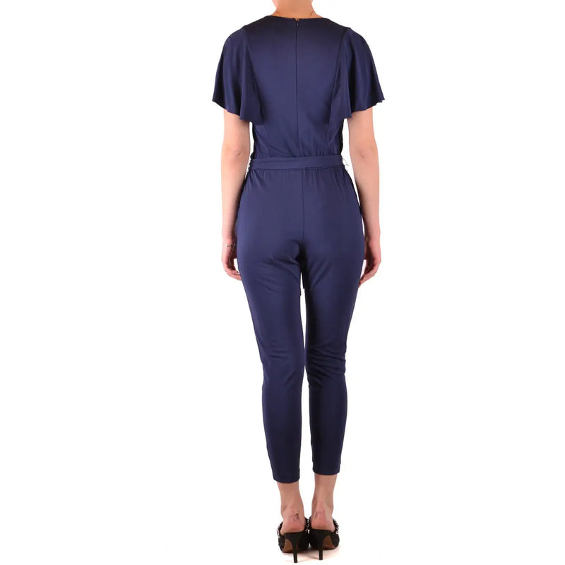 Combinaison Michael Kors bleu marine en satin pour femme, avec manches courtes à volants, taille cintrée et tissu en viscose