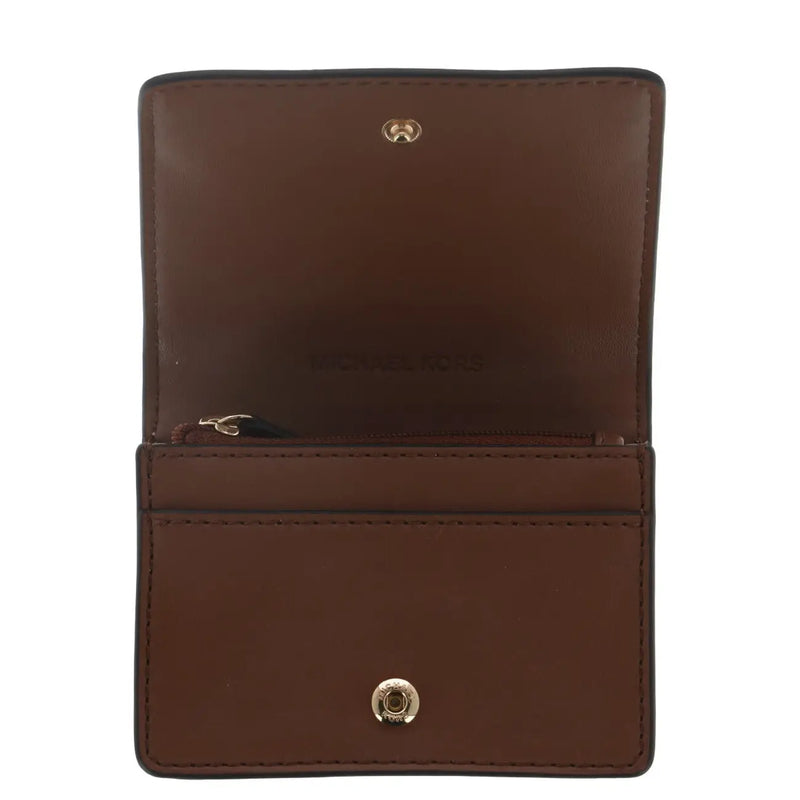 Portefeuille femme Michael Kors en cuir beige-brun avec finitions dorées et poche zippée 10,5 x 8 x 3 cm