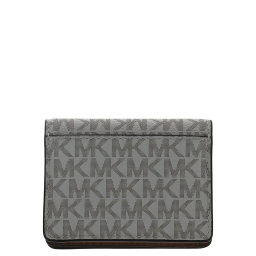 Portefeuille femme Michael Kors gris avec motif monogramme répété et finitions en cuir marron foncé, poche à bouton beige.