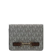 Portefeuille femme gris Michael Kors à motif monogramme répété et fermeture par lanière en cuir marron 10,5 x 8 x 3 cm