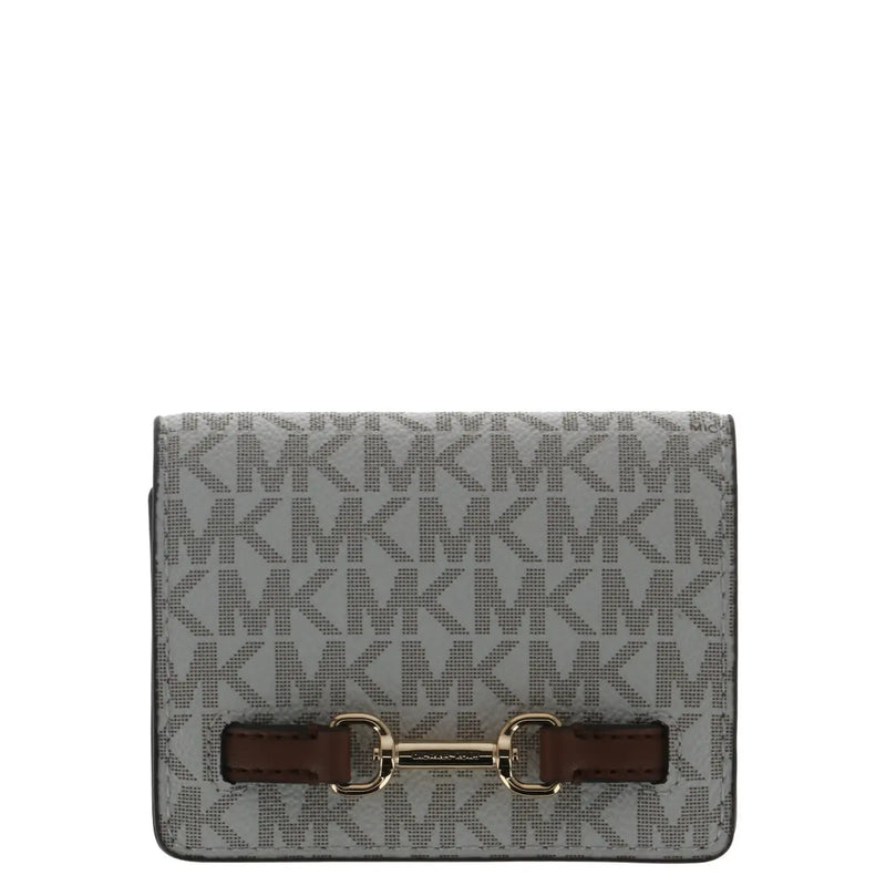 Portefeuille femme gris Michael Kors à motif monogramme répété et fermeture par lanière en cuir marron 10,5 x 8 x 3 cm
