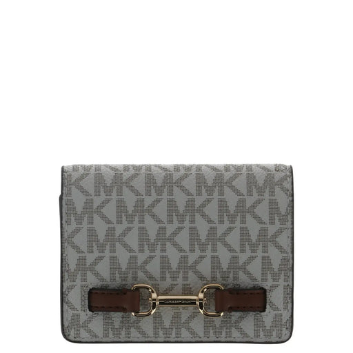 Portefeuille femme gris Michael Kors à motif monogramme répété et fermeture par lanière en cuir marron 10,5 x 8 x 3 cm