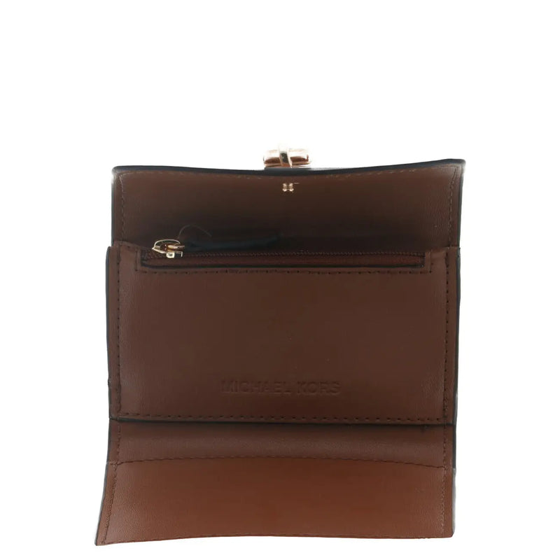 Portefeuille femme Michael Kors en cuir marron avec fermoir et fermeture éclair dorés, dimensions : 11 x 6,5 x 3 cm