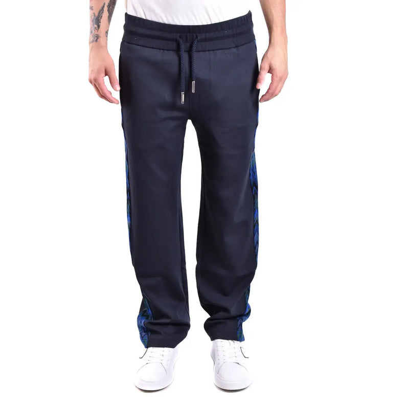 Pantalon Missoni pour homme en viscose bleue, coupe classique, avec empiècements latéraux bleu marine à motifs et ceinture à cordon de serrage.
