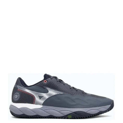 Mizuno tennis shoe with dark gray and white accents, textured upper for grip, durable synthetic material.