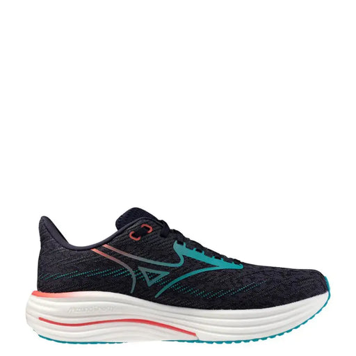 Mizuno running shoe with black and teal accents, white sole, mesh upper.
