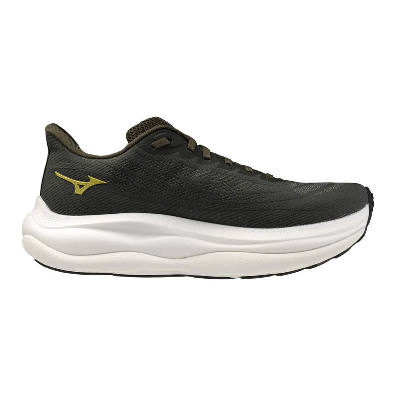 Baskets Mizuno noires pour hommes, vertes avec semelle intermédiaire blanche, chaussures de sport en tissu ornées d'un logo doré