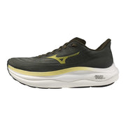Baskets Mizuno vertes pour homme, chaussures de sport en tissu, modèle running Sky 90 gris foncé avec des touches de vert citron et une semelle intermédiaire blanche.