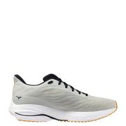 Mizuno running shoe with white and gray mesh upper, black laces, gum sole.