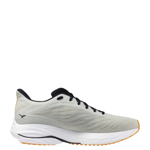 Mizuno running shoe with white and gray mesh upper, black laces, gum sole.