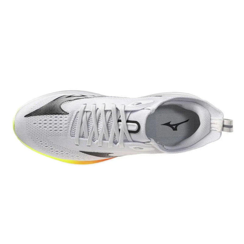 Baskets sportives grises pour homme Mizuno blanches, lacets en tissu mélangé et semelle dégradée jaune-orange vif