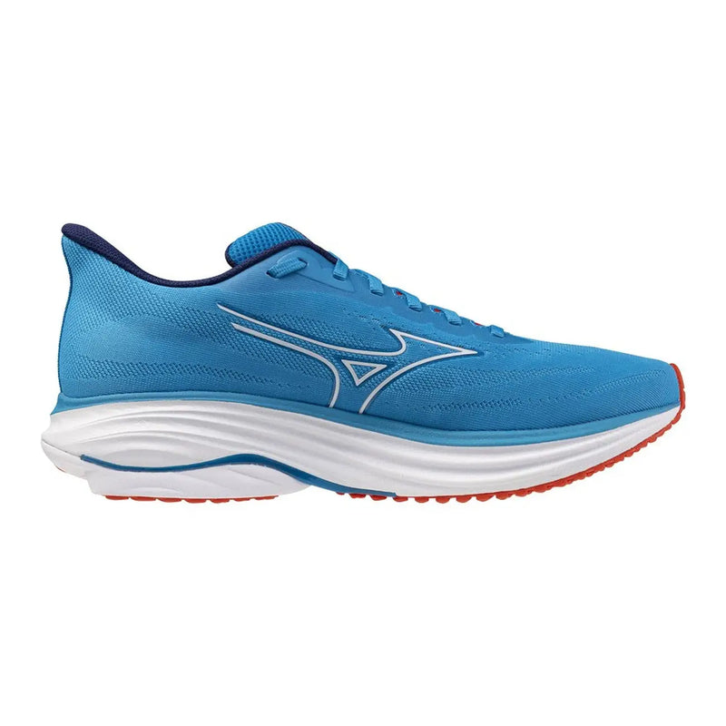 Chaussure de course Mizuno pour homme en tissu bleu vif avec des accents blancs et rouges, conçue pour une utilisation sportive.