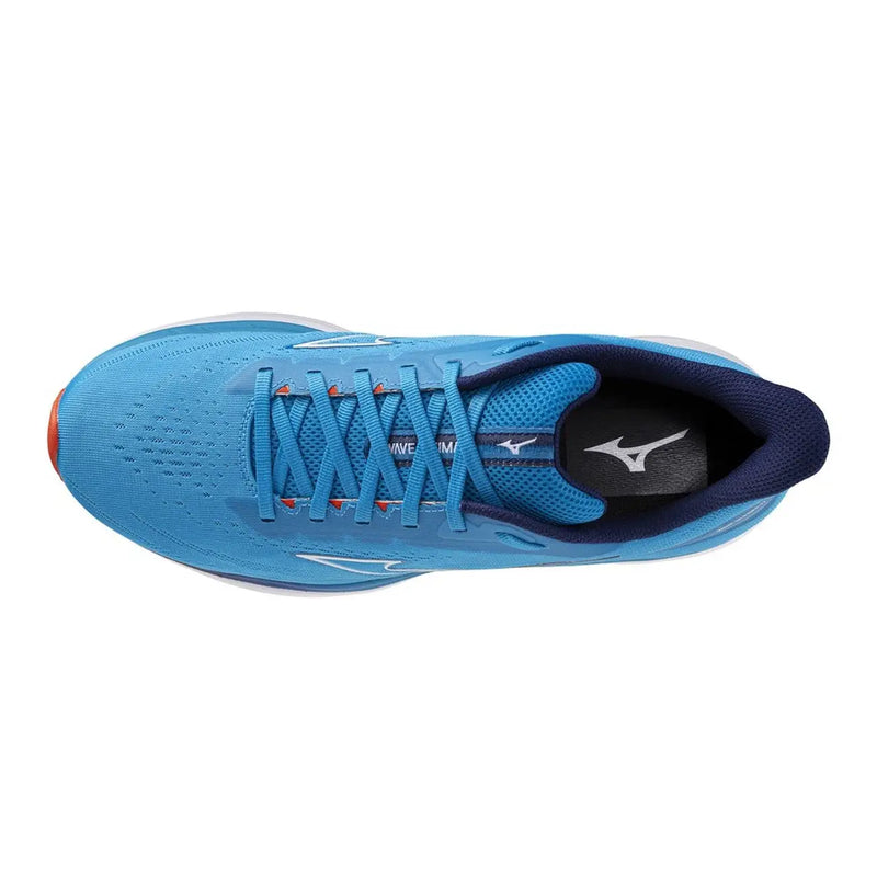 Baskets Mizuno pour homme, bleu clair, avec une tige en mesh respirant bleu vif et des accents orange pour une utilisation sportive
