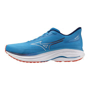 Chaussure de running Mizuno Wave Sky 17 en tissu bleu vif avec des accents blancs et rouges pour homme, idéale pour une utilisation sportive.