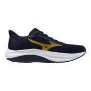 Baskets Mizuno pour homme bleu marine avec logo aile doré et semelle intermédiaire blanche, chaussures de running sportives à lacets