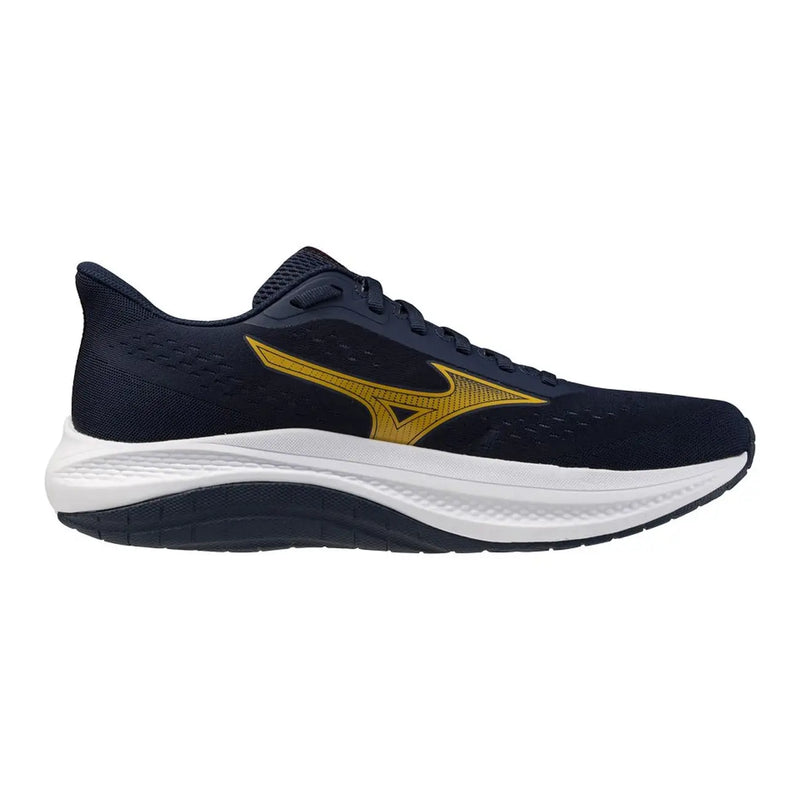Baskets Mizuno pour homme bleu marine avec logo aile doré et semelle intermédiaire blanche, chaussures de running sportives à lacets