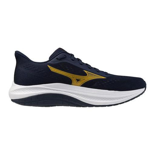 Baskets Mizuno pour homme bleu marine avec logo aile doré et semelle intermédiaire blanche, chaussures de running sportives à lacets