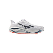 Baskets Mizuno pour homme, modèle Neo Cosmos blanc, chaussure de running avec Swoosh noir et semelle orange vif, design athlétique